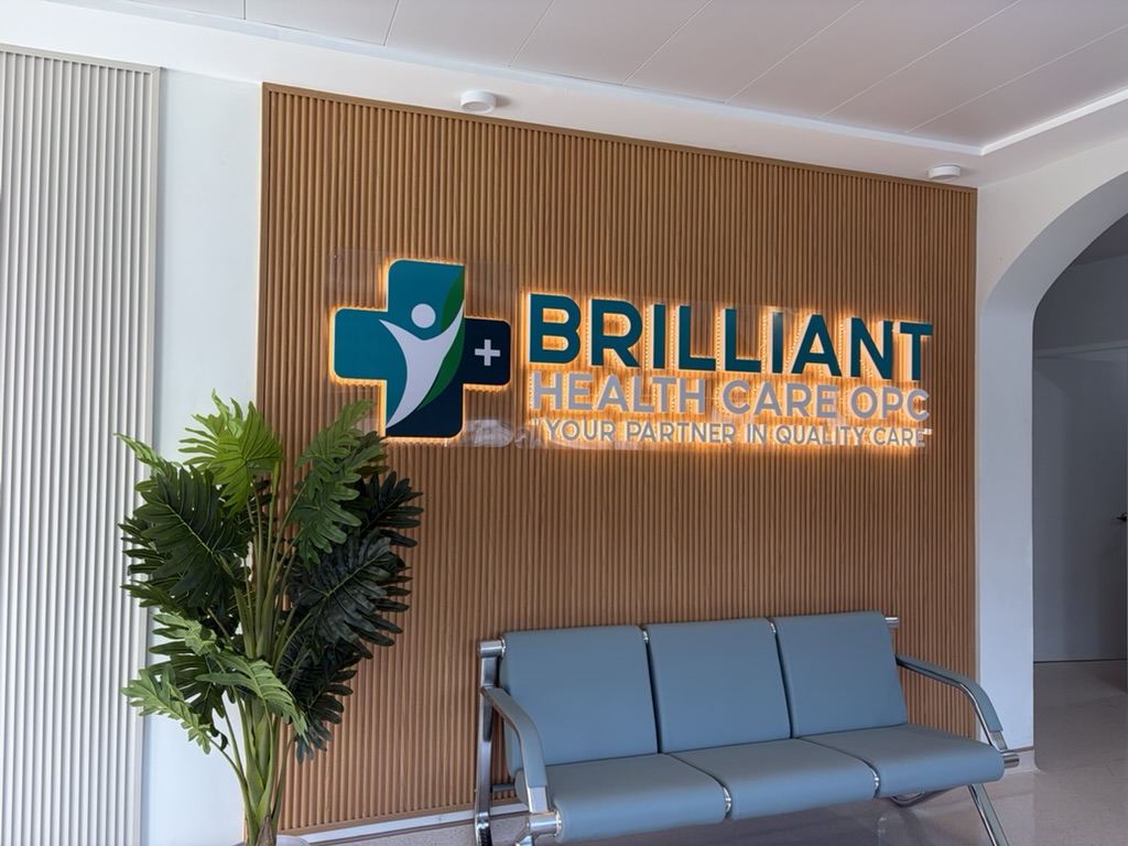 Brilliant Healthcare reception area and illuminated clinic sign