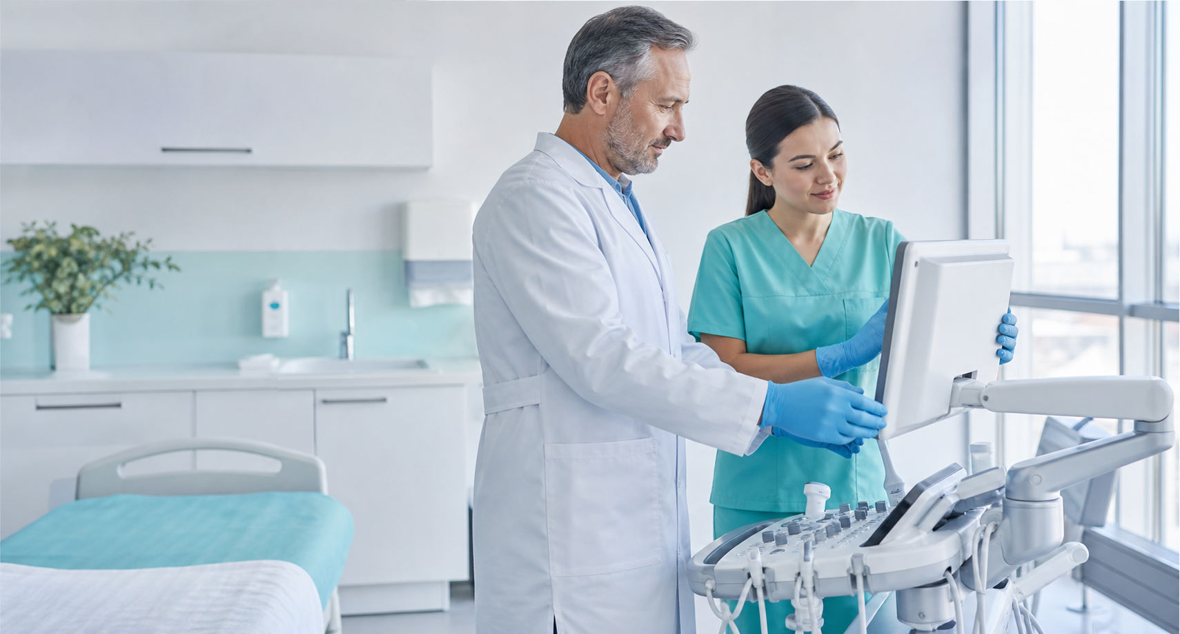 Clinical team preparing modern diagnostic equipment