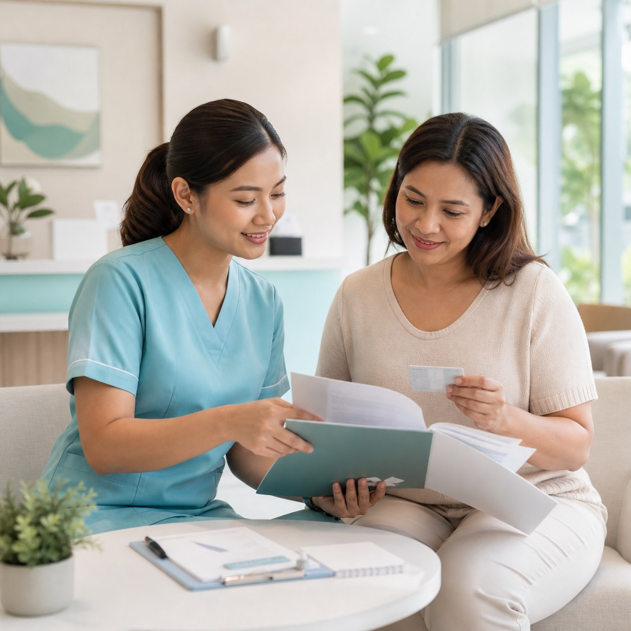 Patient coordinator helping a patient review identification and visit documents