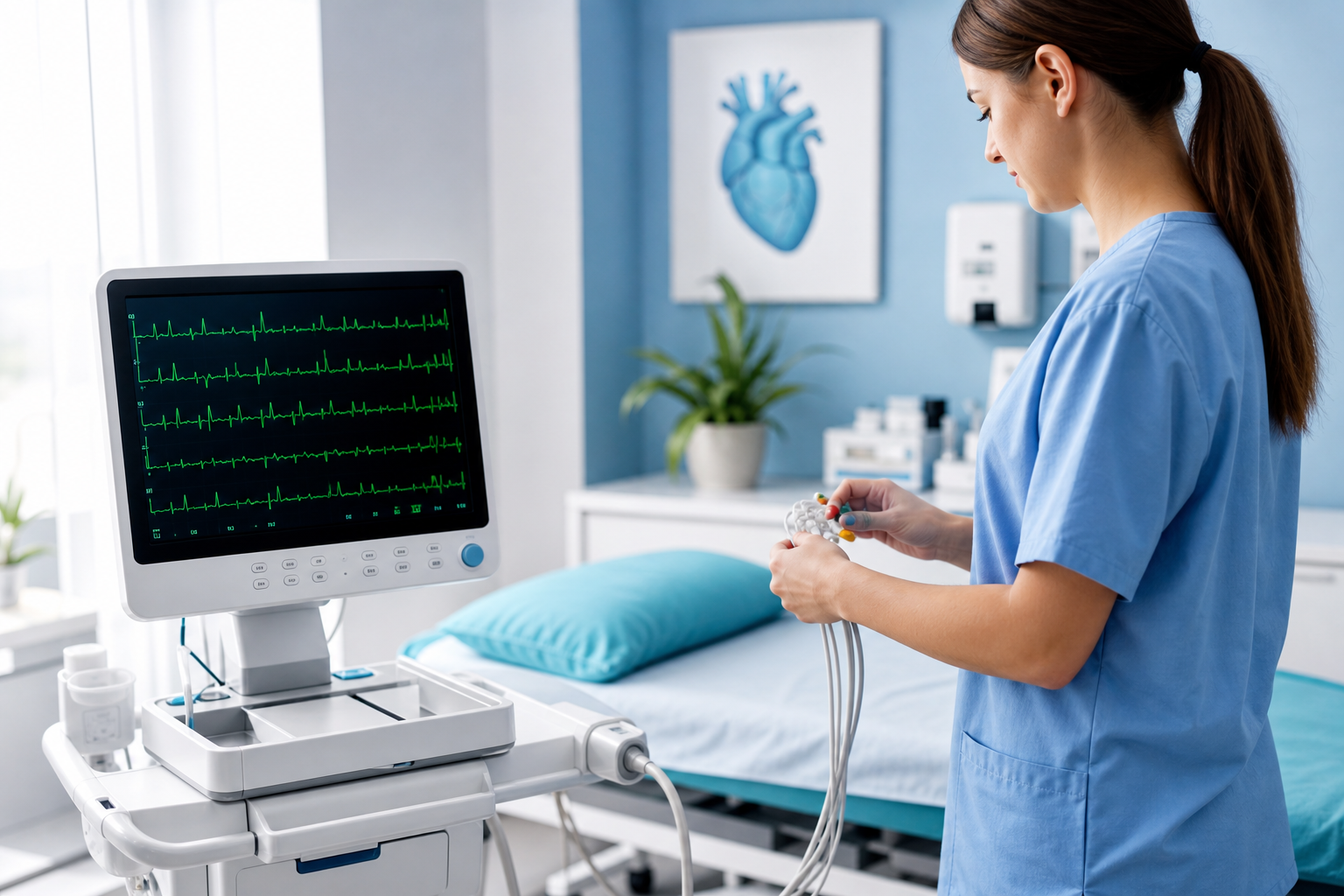 Clinician preparing cardiac diagnostic equipment