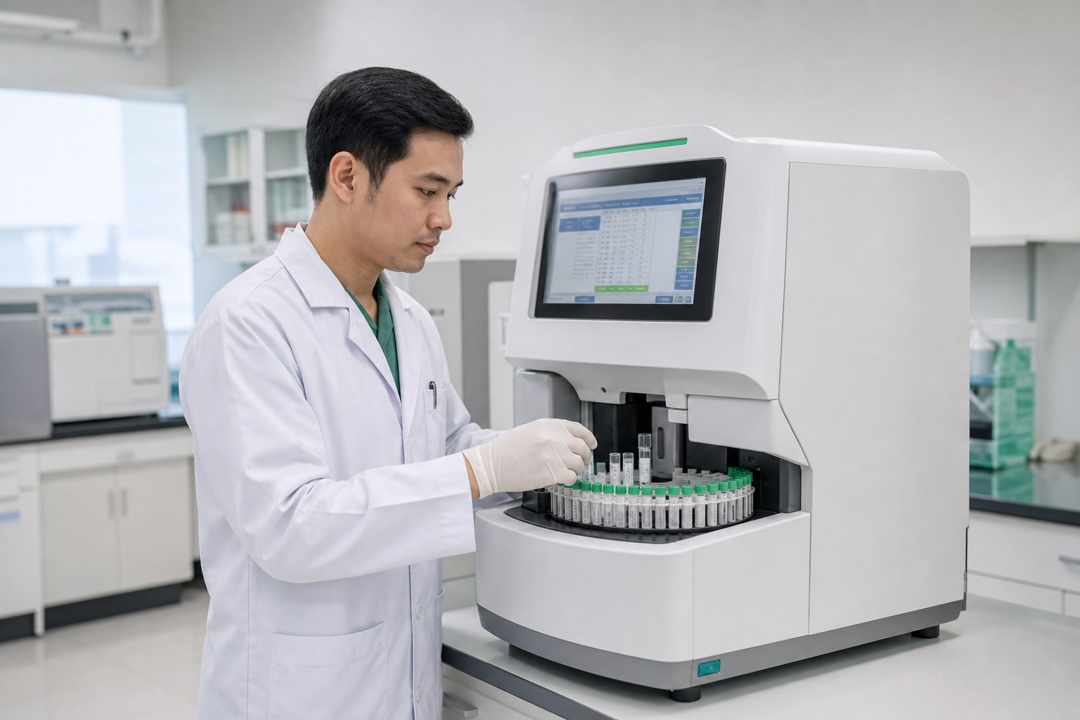 Laboratory professional operating an automated clinical chemistry analyzer