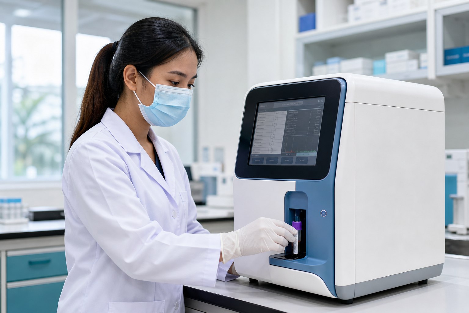 Laboratory professional operating an automated hematology analyzer