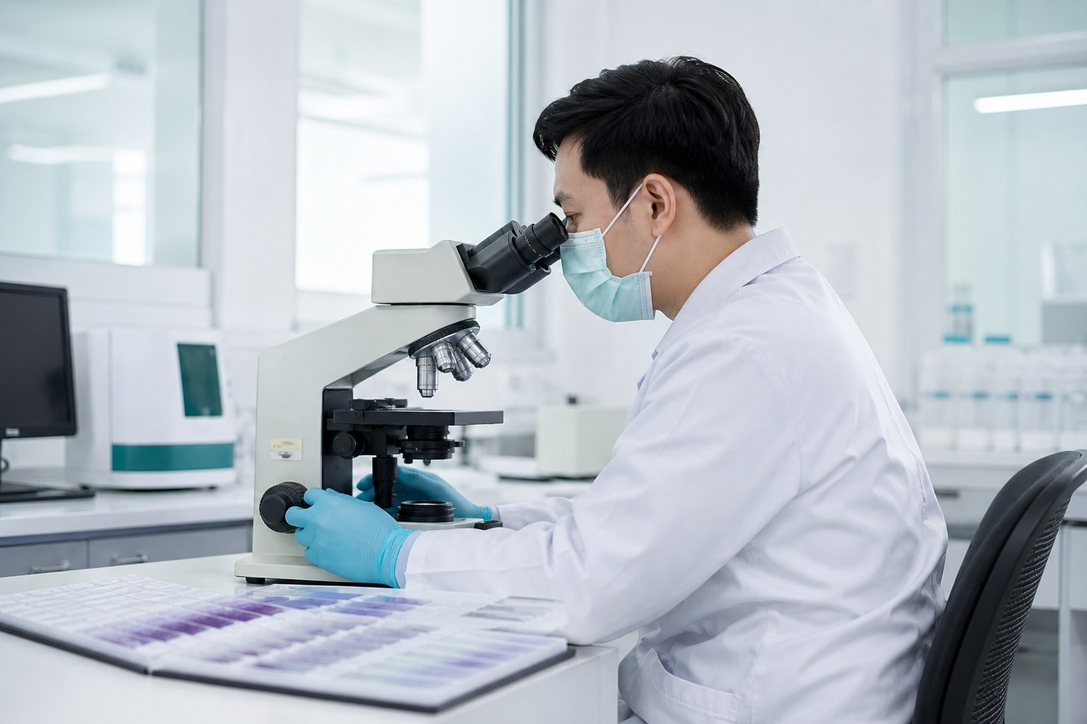 Laboratory professional examining a specimen with a microscope