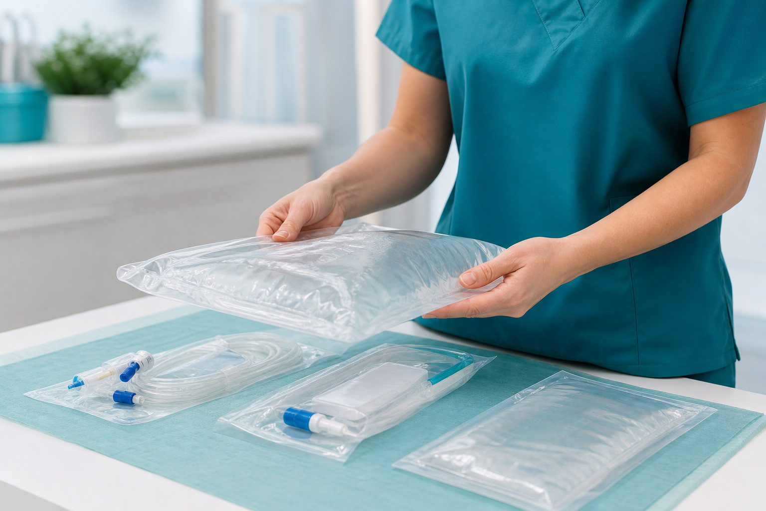 Clinician preparing sealed peritoneal dialysis supplies
