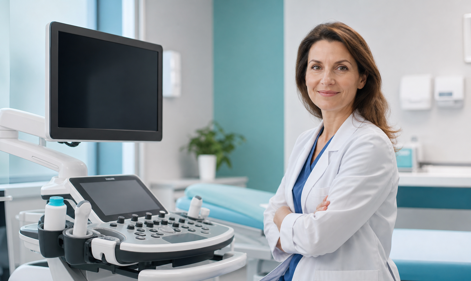 Physician beside modern ultrasound imaging equipment